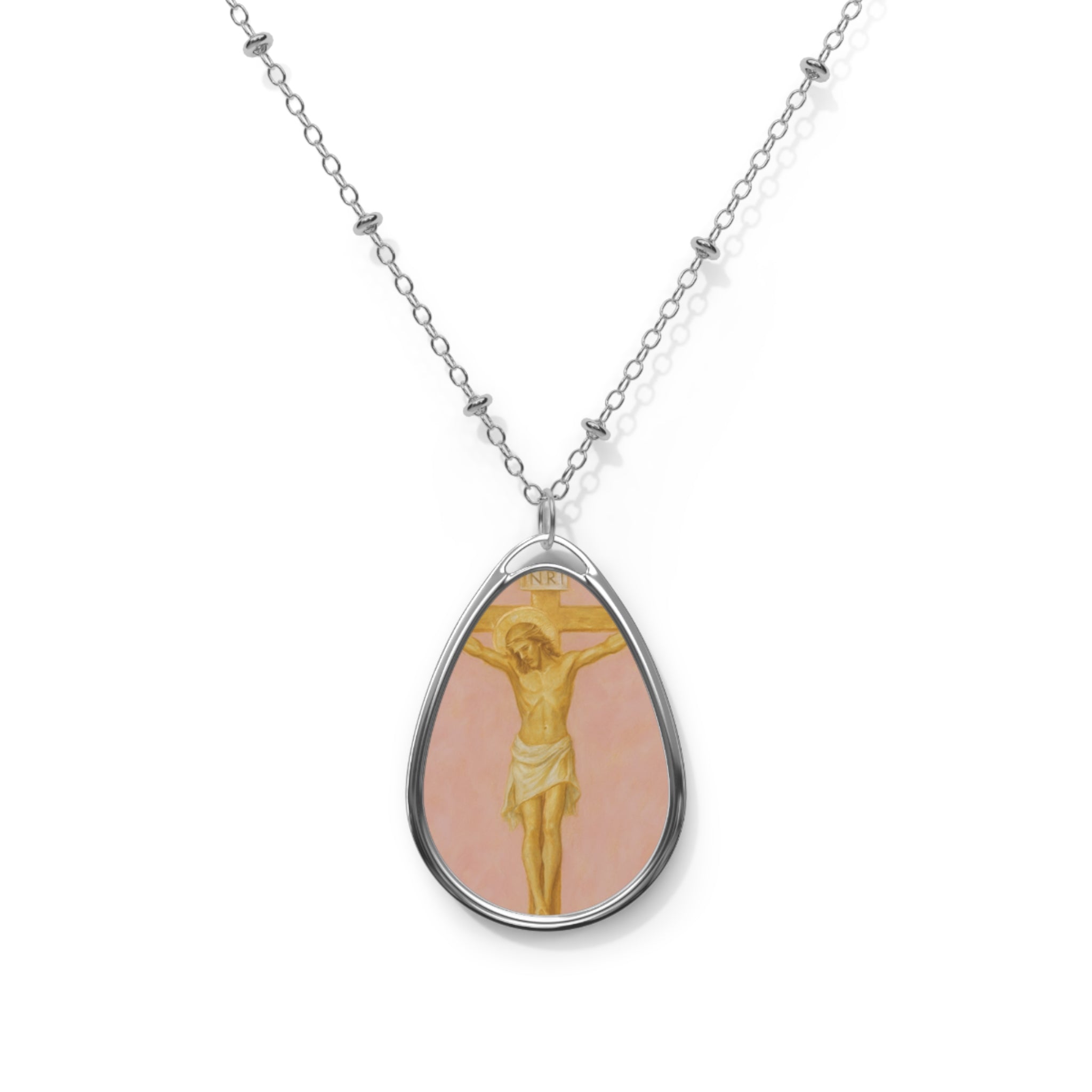 Her Holy Light Oval Pendant β Jesus on the Cross Necklace in Pastel Pink & Gold