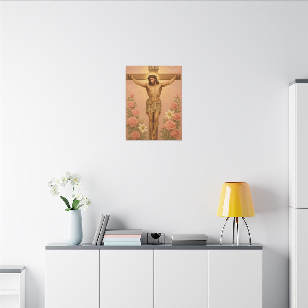 Her Holy Light Canvas – Jesus on the Cross in Pastel Pink & Gold with Floral Accents