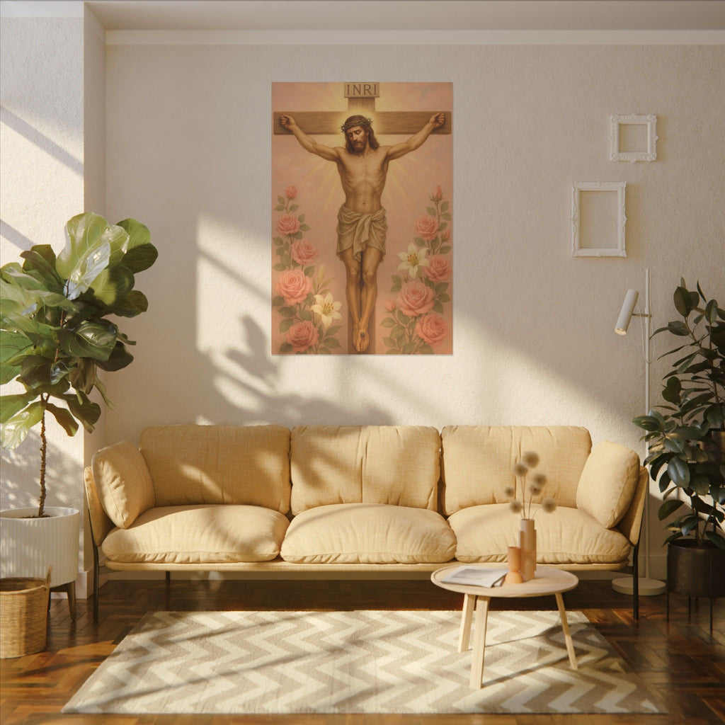 Her Holy Light Canvas – Jesus on the Cross in Pastel Pink & Gold with Floral Accents