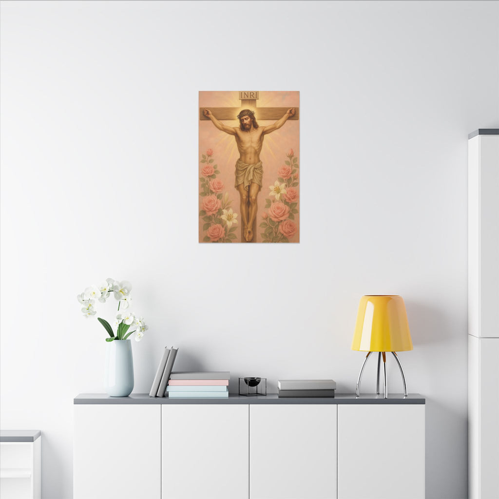 Her Holy Light Canvas – Jesus on the Cross in Pastel Pink & Gold with Floral Accents