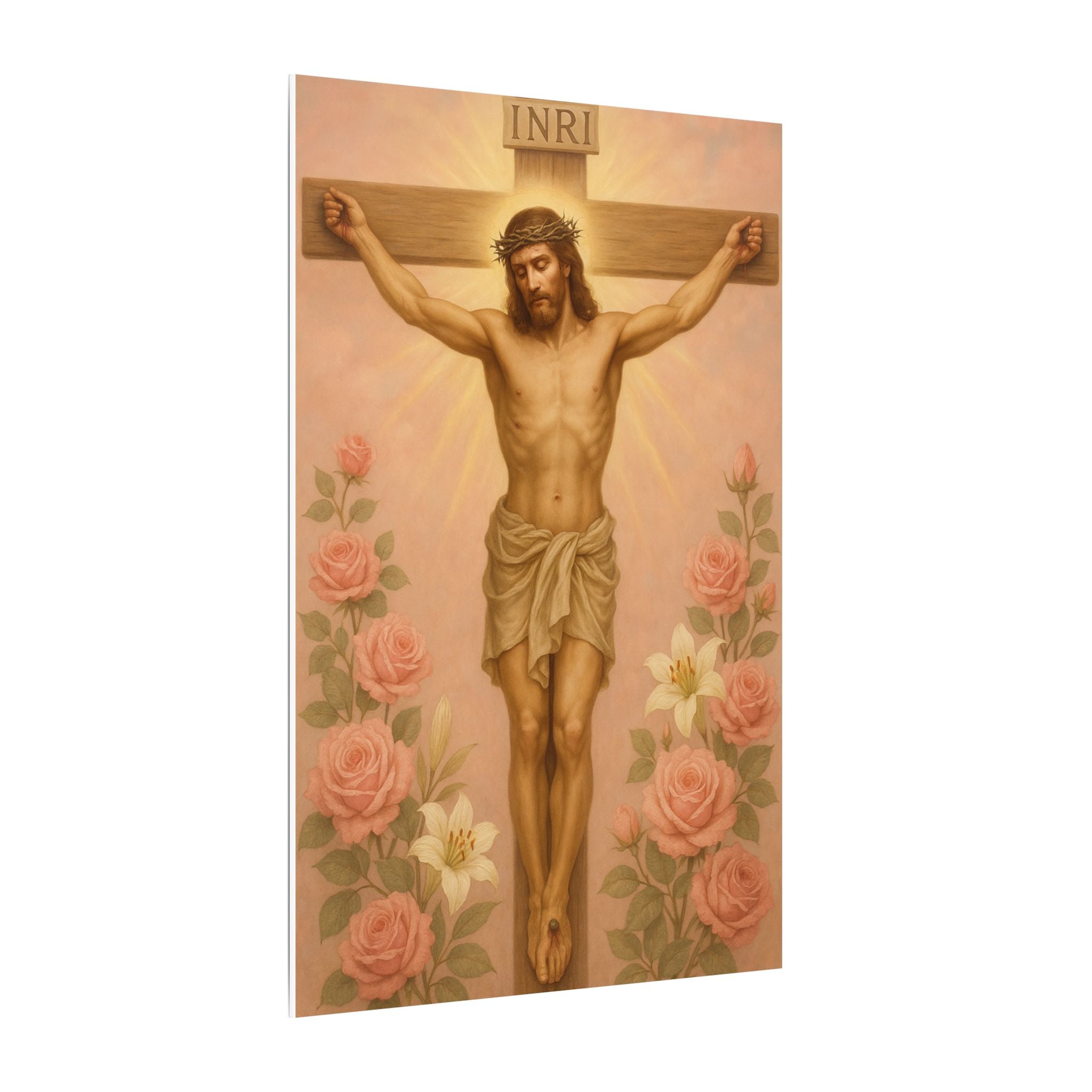 Her Holy Light Canvas – Jesus on the Cross in Pastel Pink & Gold with Floral Accents
