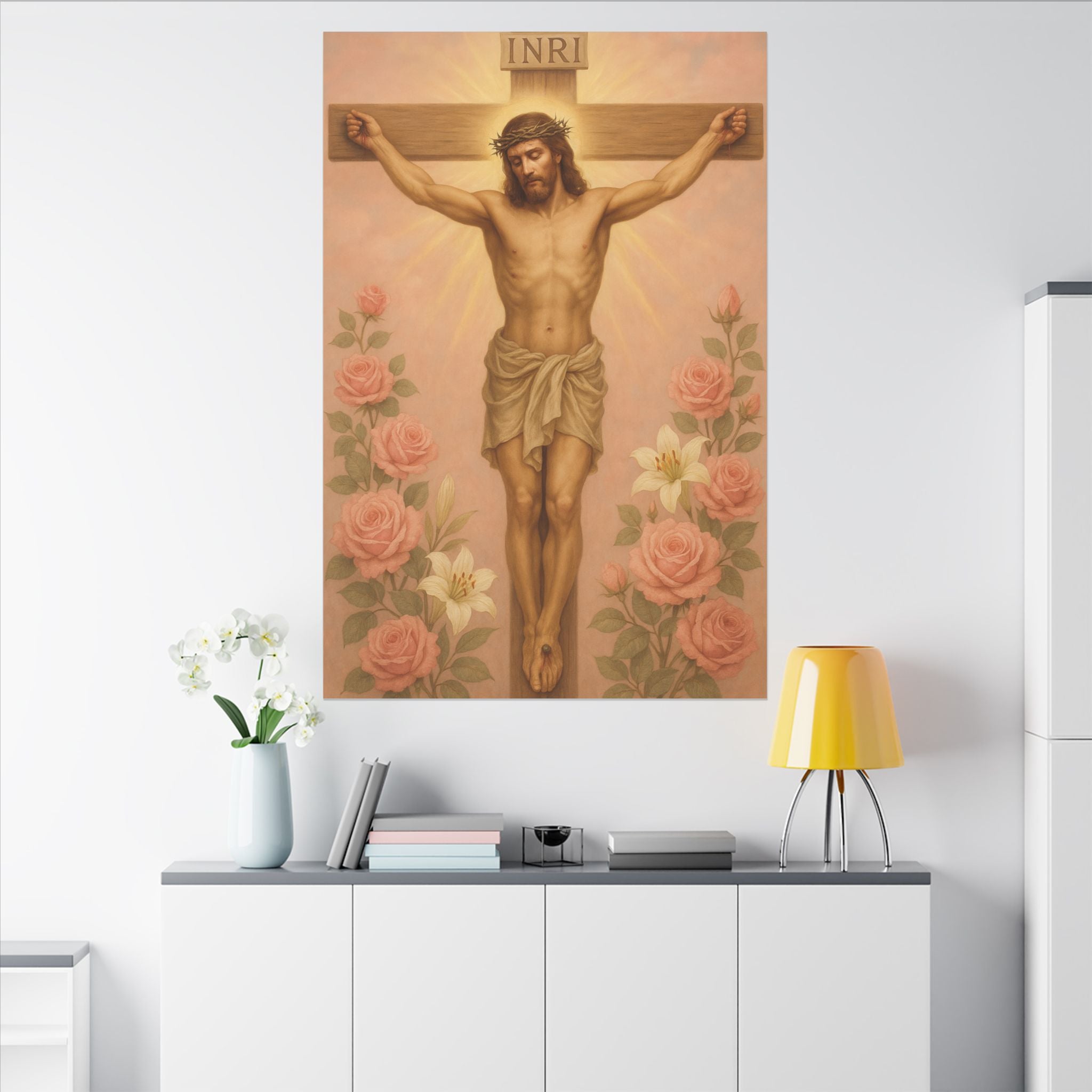 Her Holy Light Canvas – Jesus on the Cross in Pastel Pink & Gold with Floral Accents