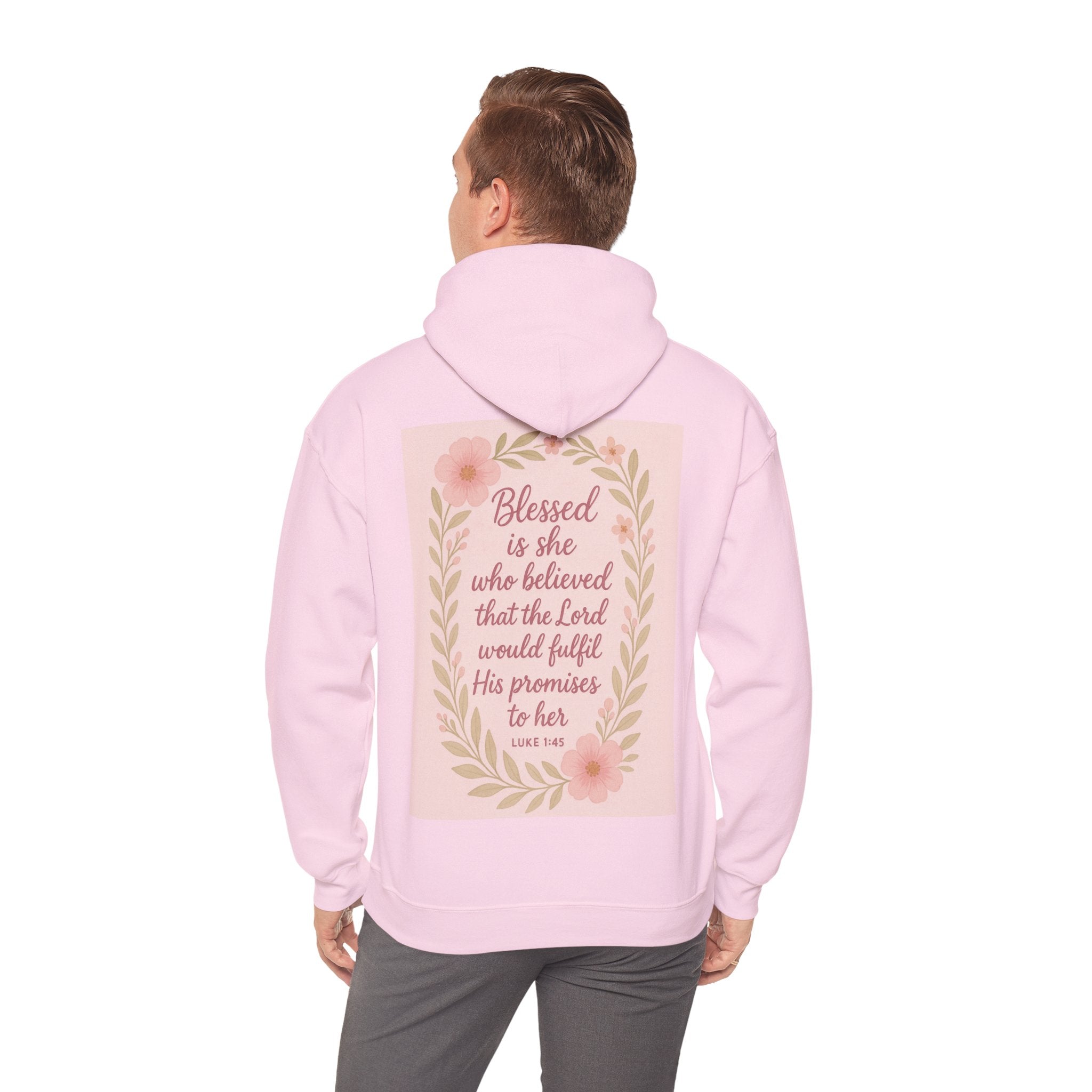 Her Holy Light Pink Hoodie – “Blessed Is She Who Believes in the Lord” Christian Apparel