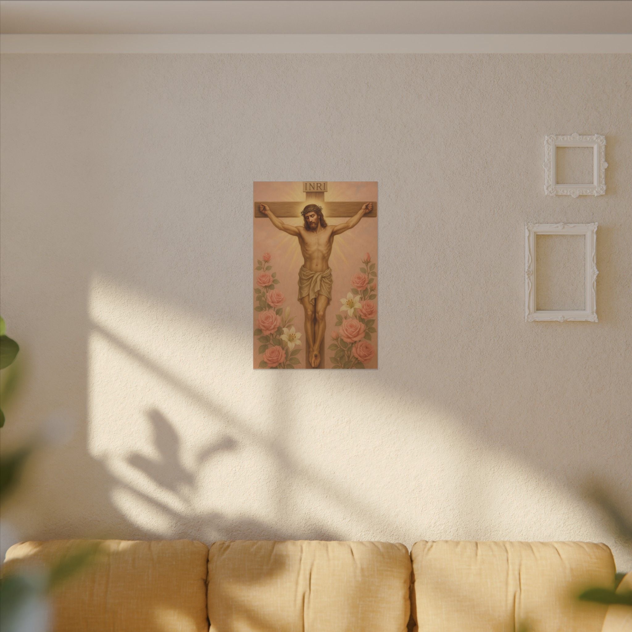Her Holy Light Canvas – Jesus on the Cross in Pastel Pink & Gold with Floral Accents