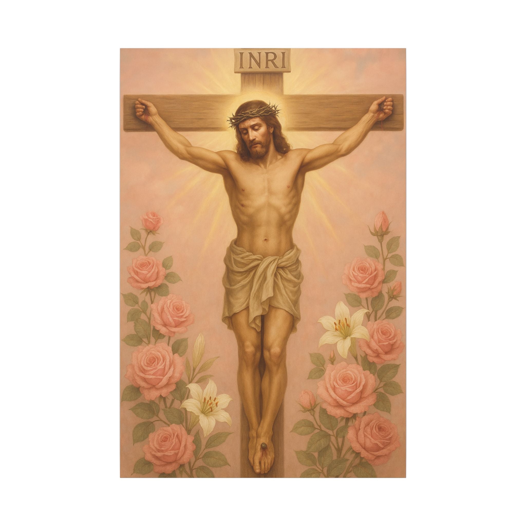 Her Holy Light Canvas – Jesus on the Cross in Pastel Pink & Gold with Floral Accents