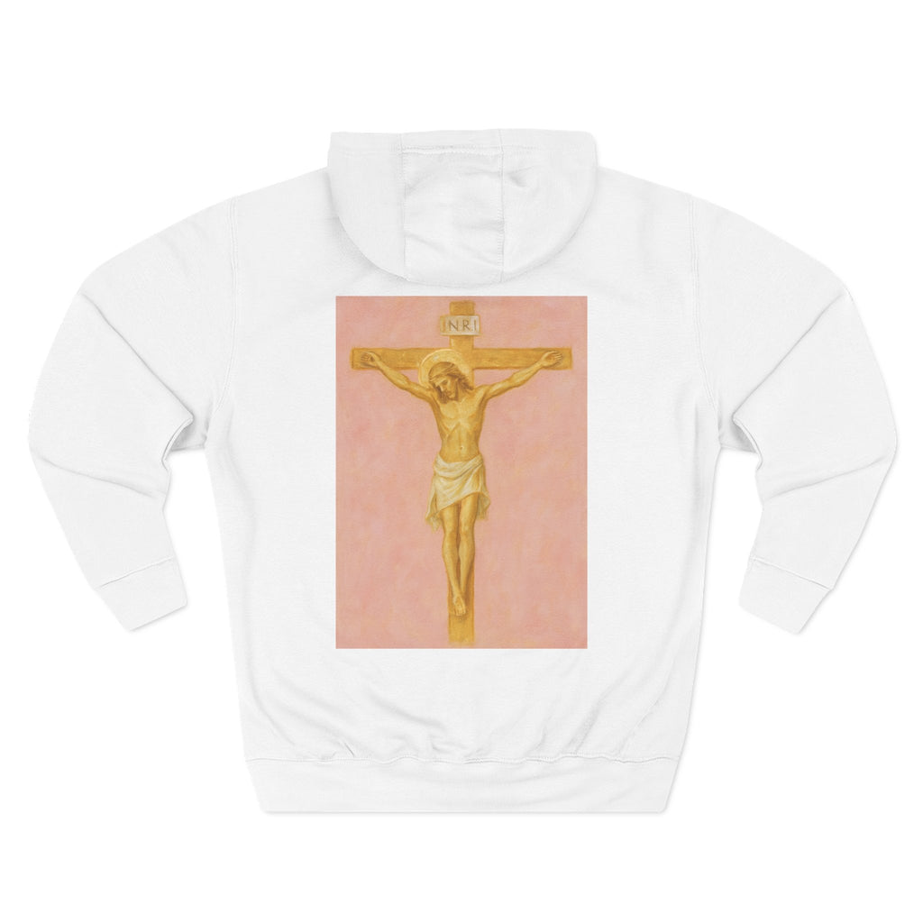 Her Holy Light Hoodie – Jesus Christ on the Cross Back Print in Pastel Pink & Gold (Available in Multiple Colours)
