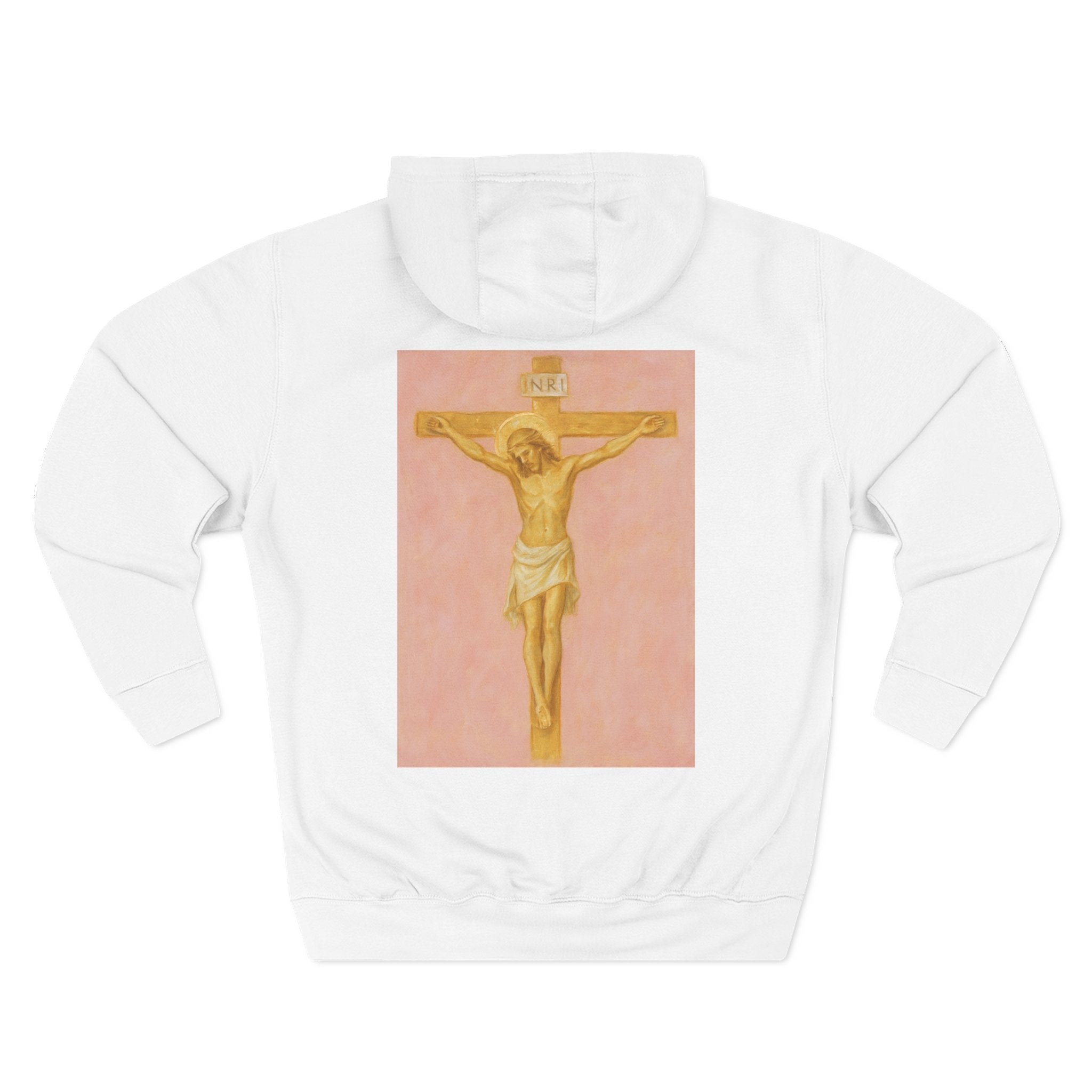 Her Holy Light Hoodie – Jesus Christ on the Cross Back Print in Pastel Pink & Gold (Available in Multiple Colours)