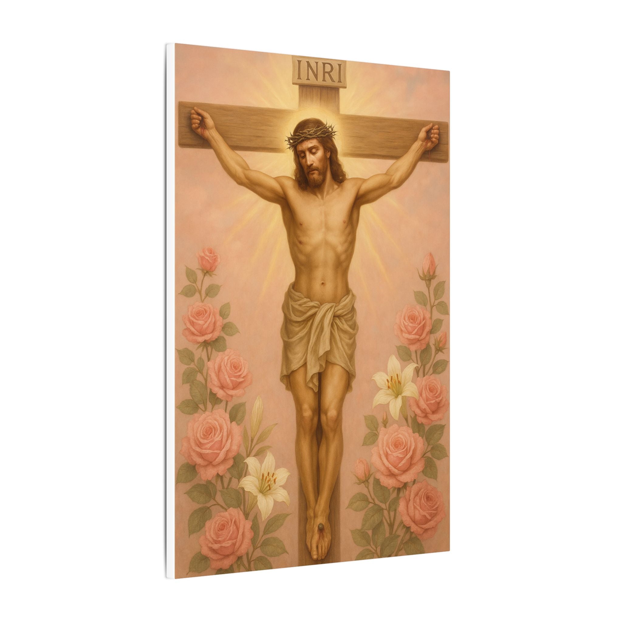 Her Holy Light Canvas – Jesus on the Cross in Pastel Pink & Gold with Floral Accents