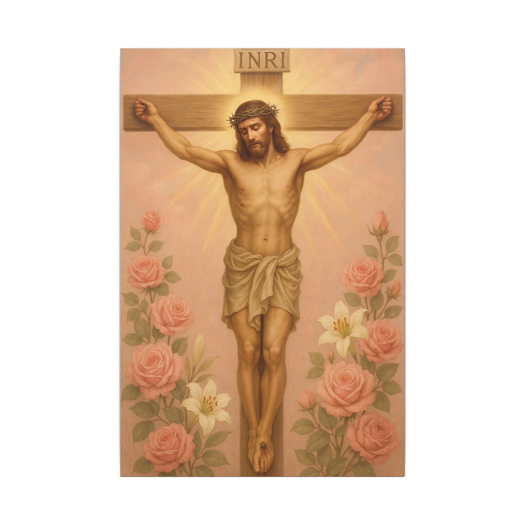 Her Holy Light Canvas – Jesus on the Cross in Pastel Pink & Gold with Floral Accents
