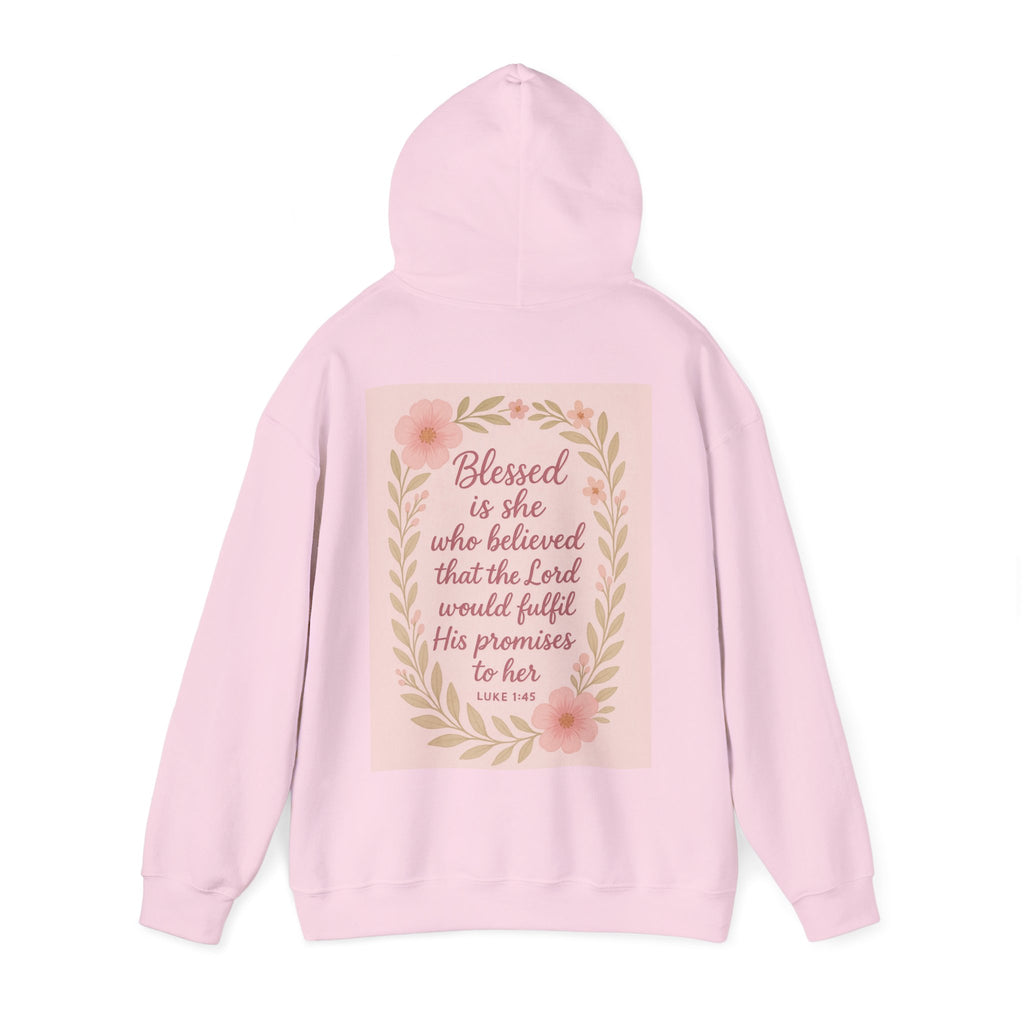 Her Holy Light Pink Hoodie – “Blessed Is She Who Believes in the Lord” Christian Apparel