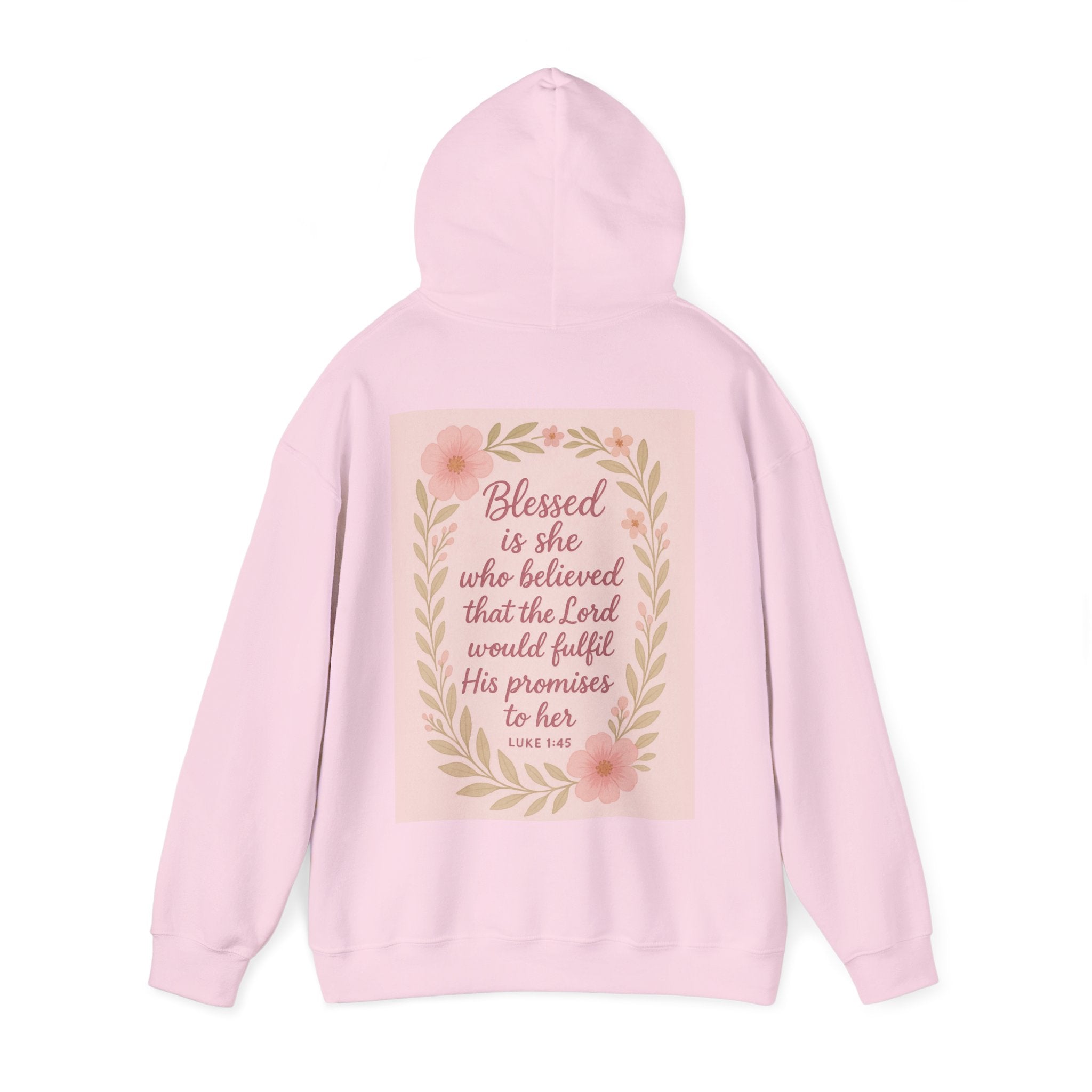 Her Holy Light Pink Hoodie – “Blessed Is She Who Believes in the Lord” Christian Apparel