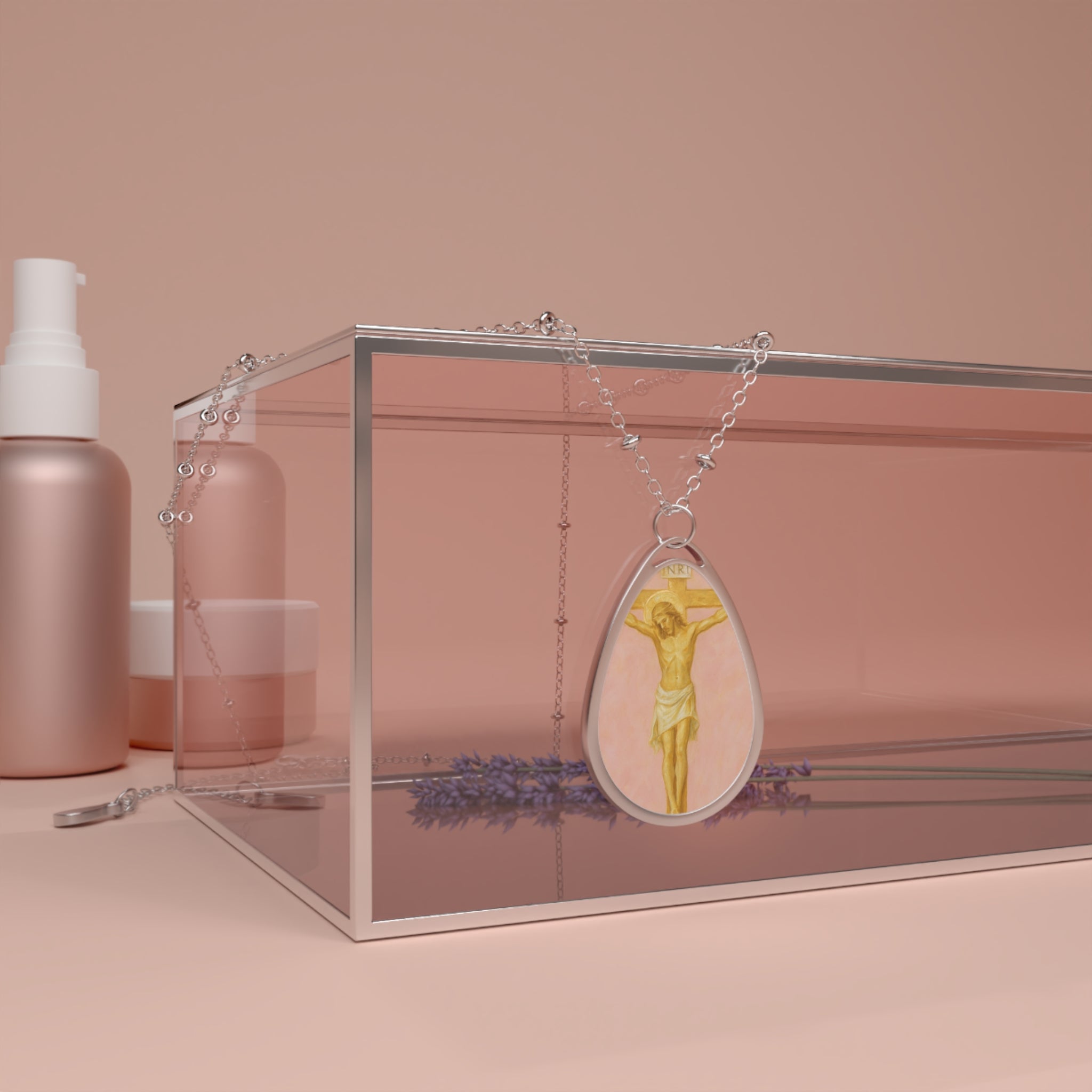 Her Holy Light Oval Pendant – Jesus on the Cross Necklace in Pastel Pink & Gold