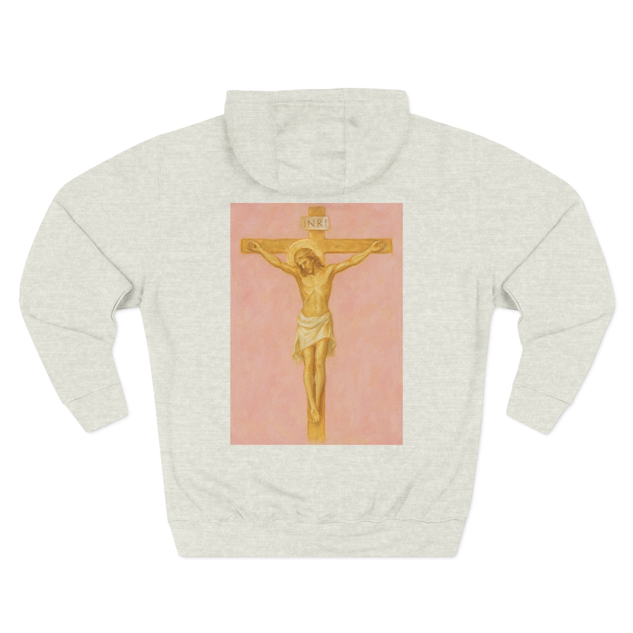 Her Holy Light Hoodie – Jesus Christ on the Cross Back Print in Pastel Pink & Gold (Available in Multiple Colours)