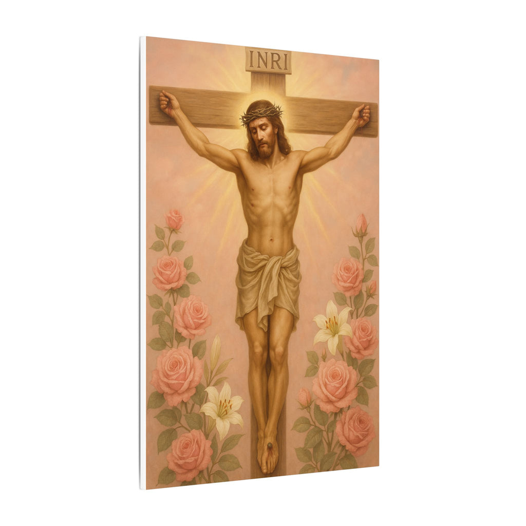 Her Holy Light Canvas – Jesus on the Cross in Pastel Pink & Gold with Floral Accents