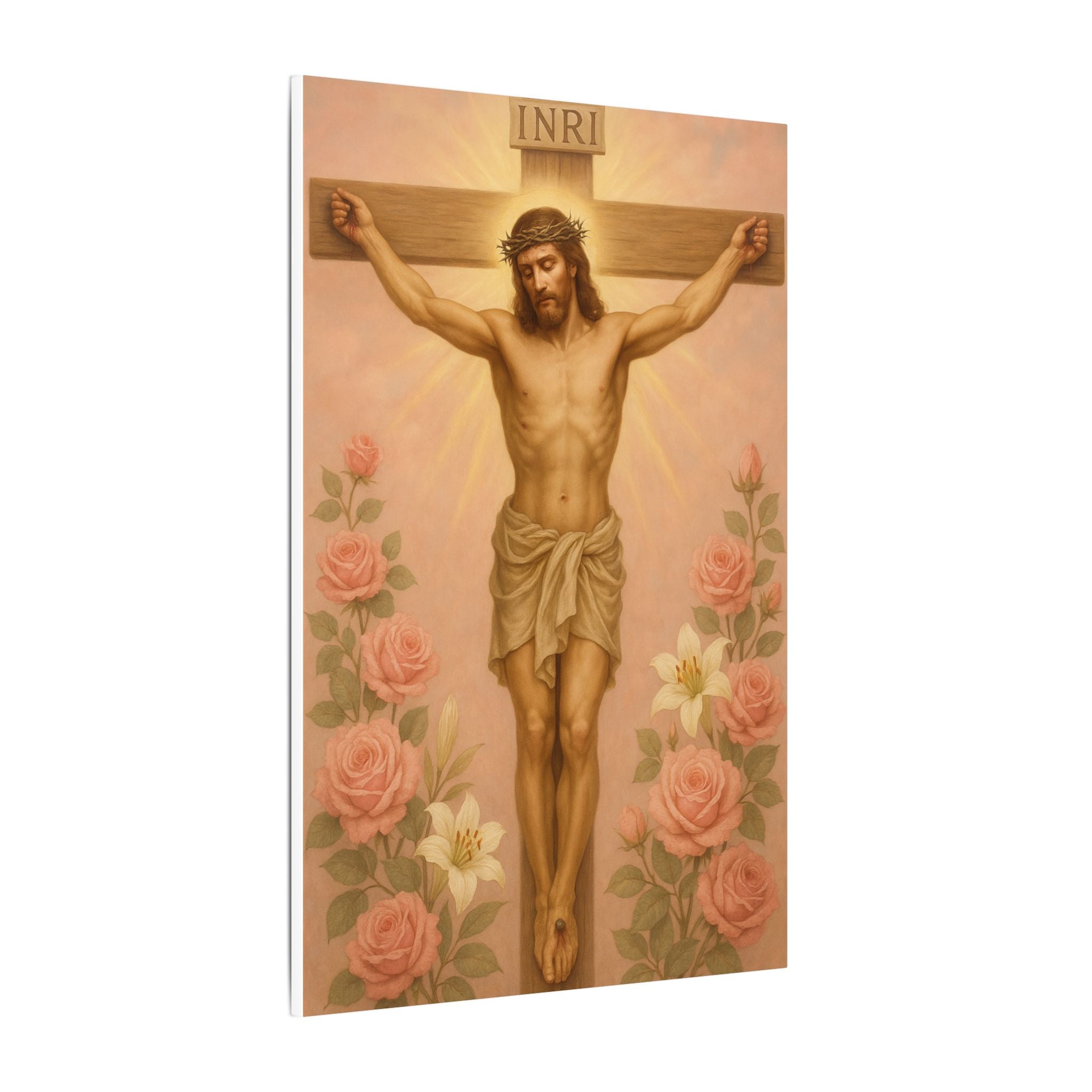 Her Holy Light Canvas – Jesus on the Cross in Pastel Pink & Gold with Floral Accents
