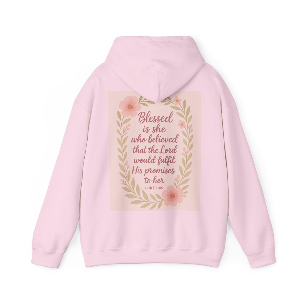 Her Holy Light Pink Hoodie – “Blessed Is She Who Believes in the Lord” Christian Apparel
