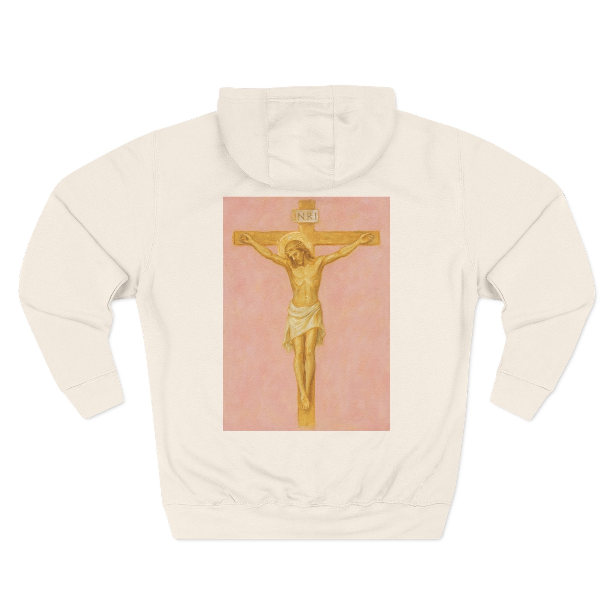 Her Holy Light Hoodie – Jesus Christ on the Cross Back Print in Pastel Pink & Gold (Available in Multiple Colours)
