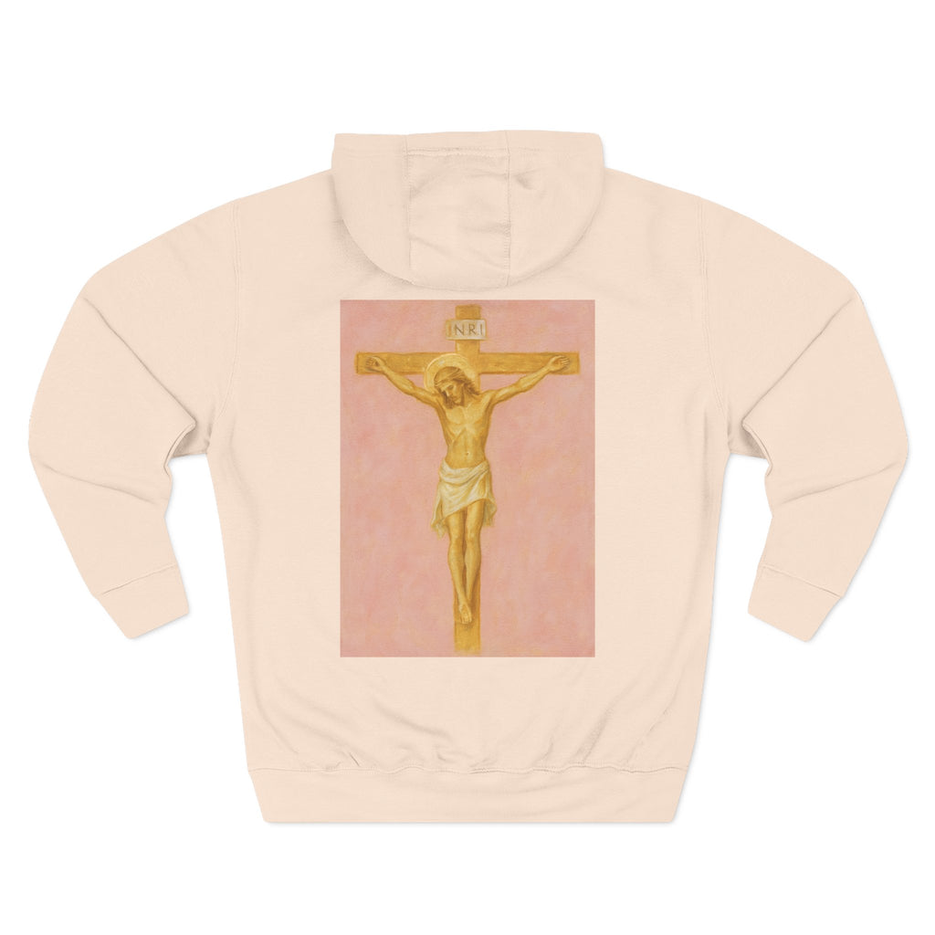 Her Holy Light Hoodie – Jesus Christ on the Cross Back Print in Pastel Pink & Gold (Available in Multiple Colours)