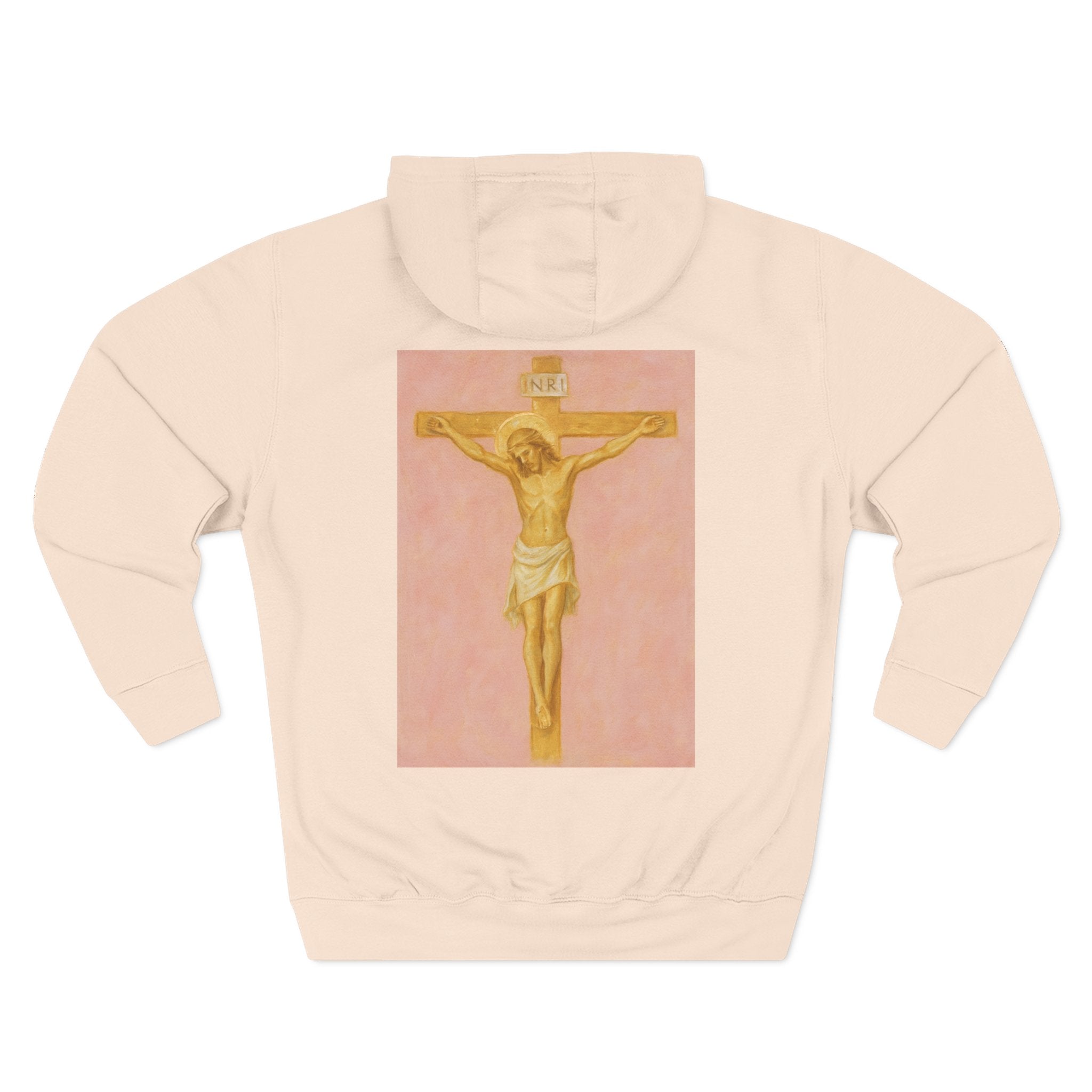 Her Holy Light Hoodie – Jesus Christ on the Cross Back Print in Pastel Pink & Gold (Available in Multiple Colours)