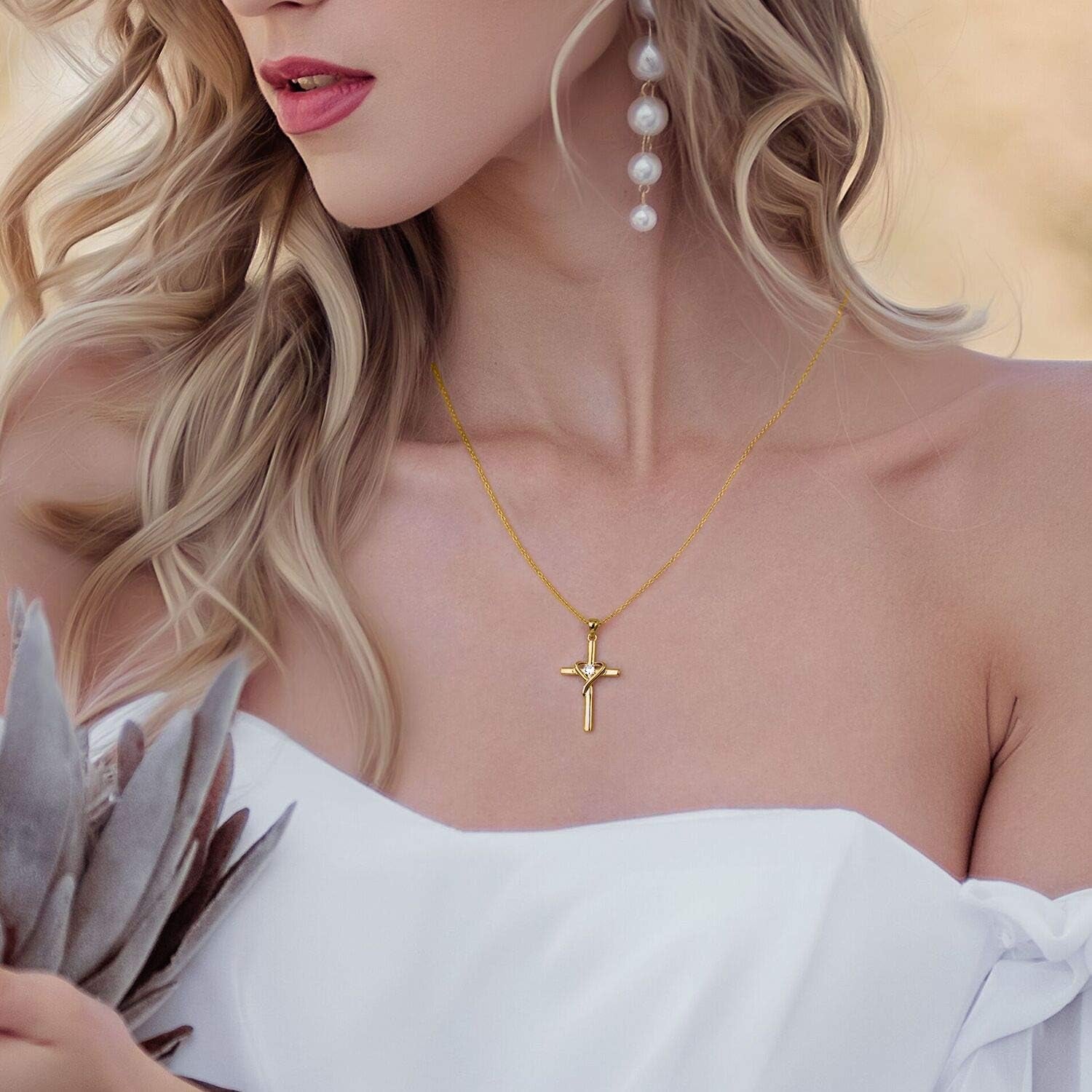 925 Sterling Silver Cross Necklace for Women Men 14K Gold Plated Birthstone Necklaces 5A CZ Rose Gold Necklace for Easter or Christmas